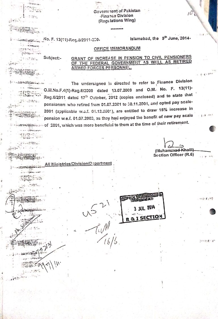 GRANT OF INCREASE IN PENSION TO CIVIL PENSIONERS OF THE FEDERAL GOVERNMENT AS WELL AS RETIRED ARMED FORCES PERSONNEL.DATED.09.06.2014.