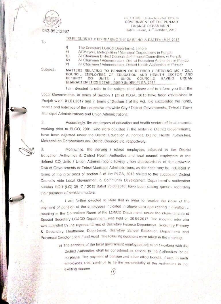 MATTERS RELATING TO THE PENSION OF RETIRED RETIRING MC ZILA COUNCIL EMPLOYEES OF THE EDUCATION AND HEALTH SECTOR AND CHARACTERISTICS ESTABLISHED UNDER PLGA 2013.DATED 19.06.2017.