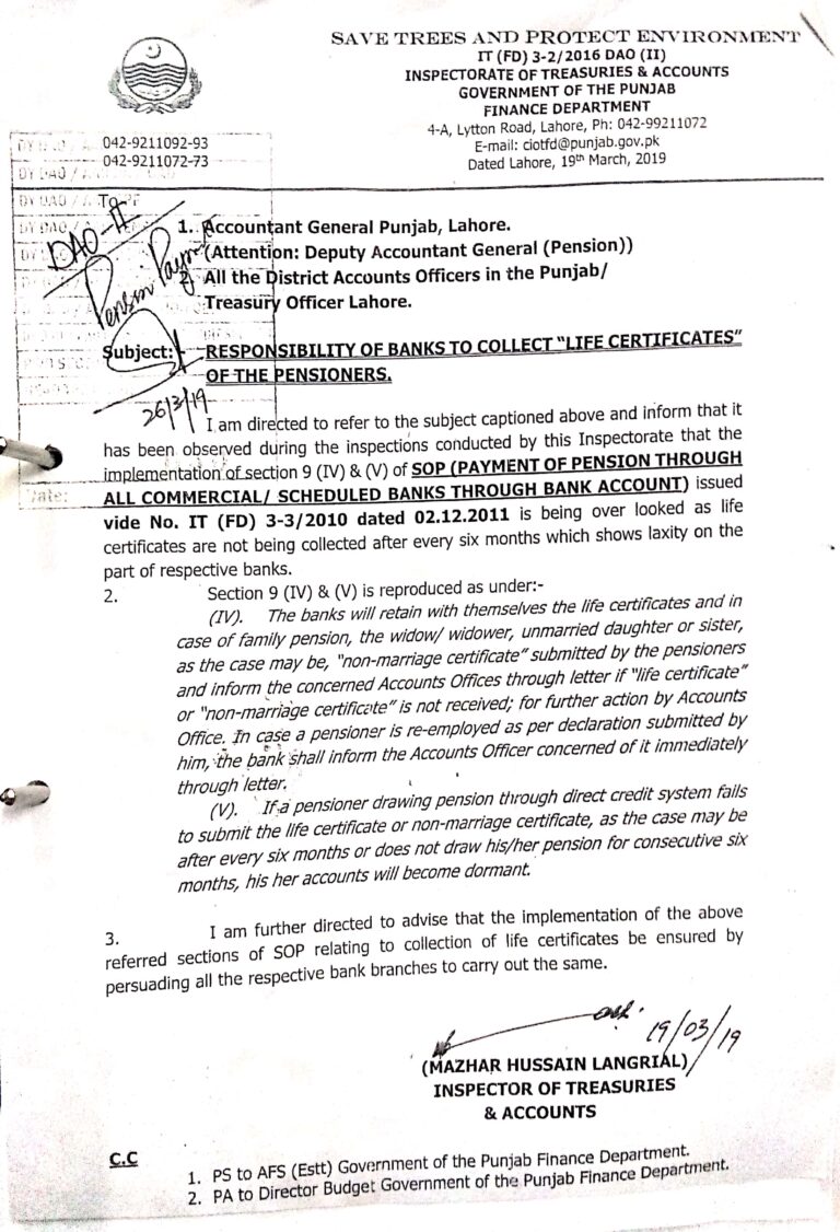 RESPONSIBILITY OF BANKS TO COLLECT LIFE CERTIFICATES OF THE PENSIONERS.DATED 19.03.2019.