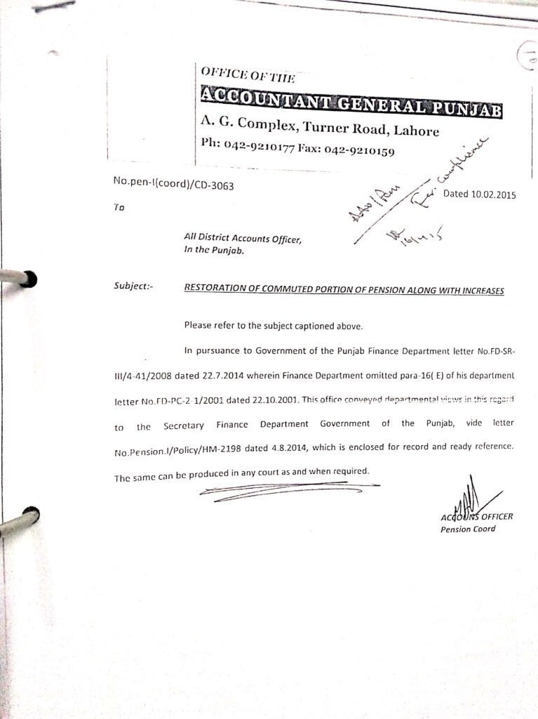 RESTORATION OF COMMUTED PORTION OF PENSION ALONG WITH INCREASES.DATED 10.02.2015.