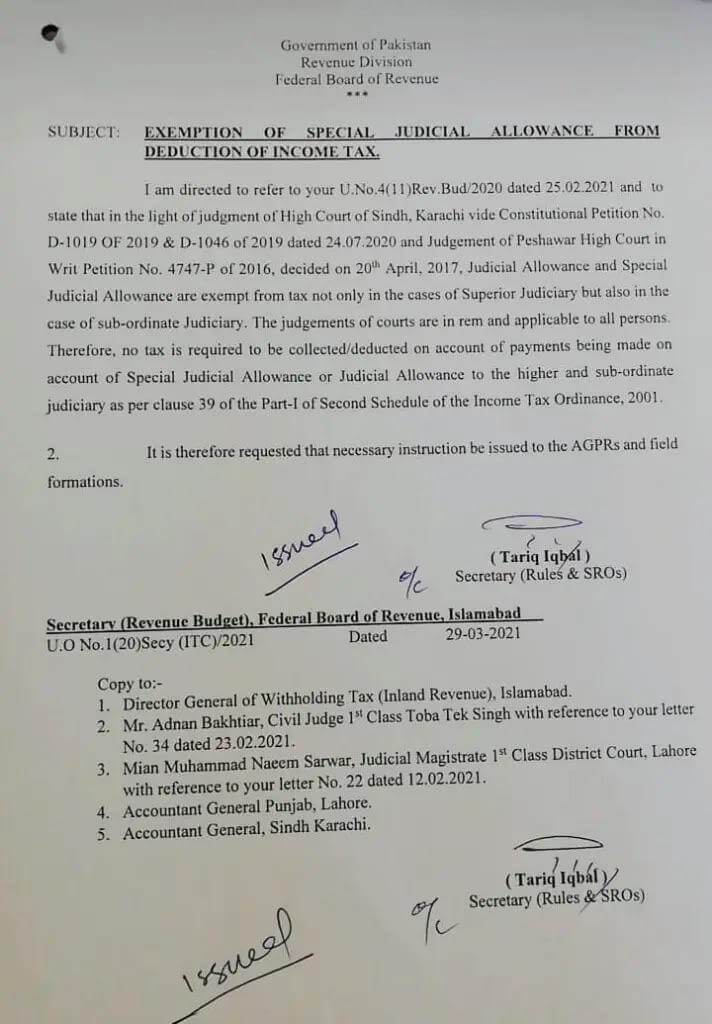 Exemption of Special Judicial Allowance from Deduction of Income Tax dt 29.03.2021