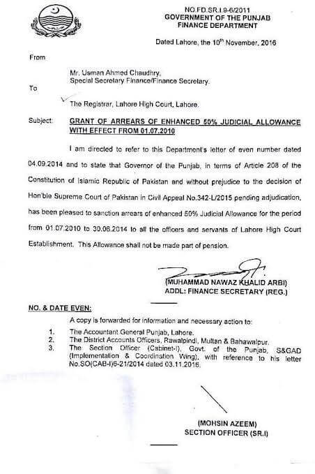 Grant of Arrears of Enhanced 50% Judicial Allowance w.e.f 01.07.2010