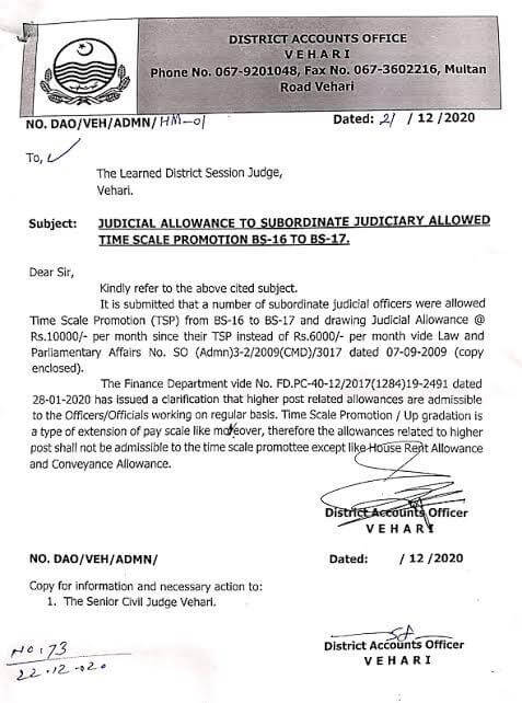 Judicial Allowance to Subordinate Judiciary on Time Scale Promotion dt 21.12.2020