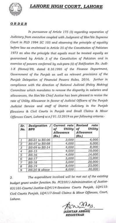 Revise Rate of Utility Allowance -LHC Order dt 01.12.2019