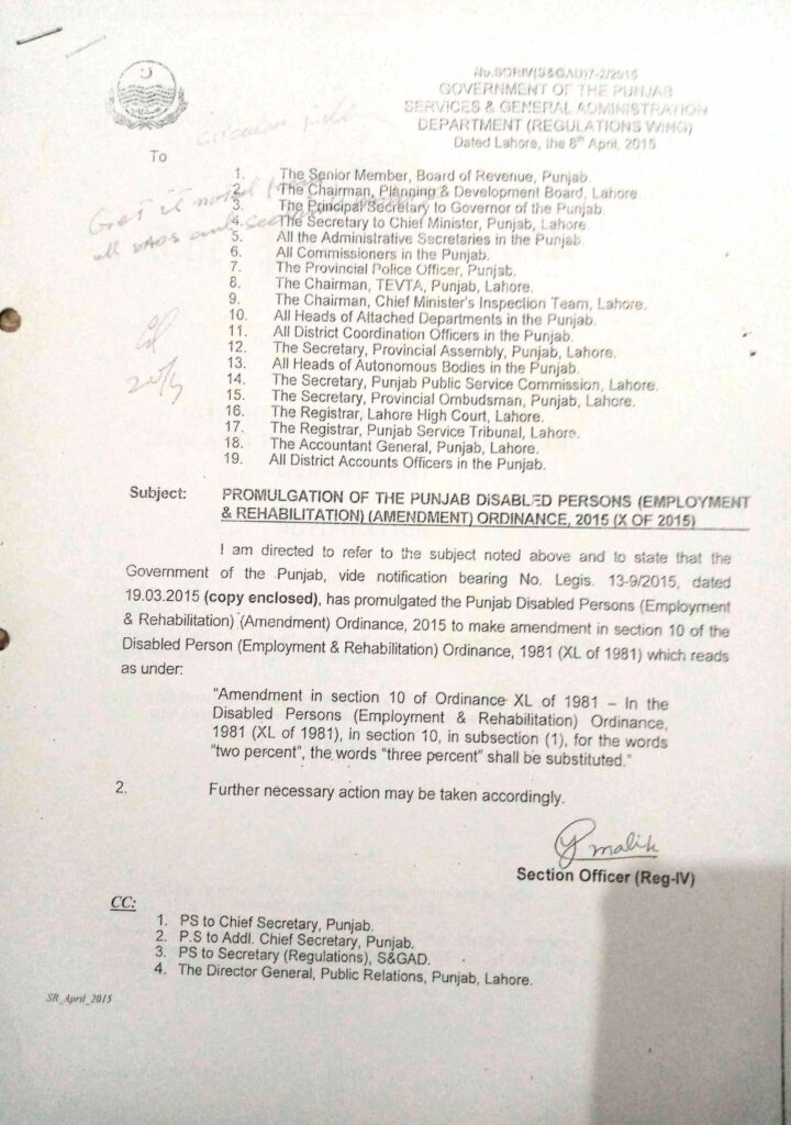 AMENDMENT IN THE PUNJAB DISABLED PERSONS EMPLOYMENT & REHABILITATION AMENDMENT ORDINANCE 2016 X OF 2015.08.04.2015.