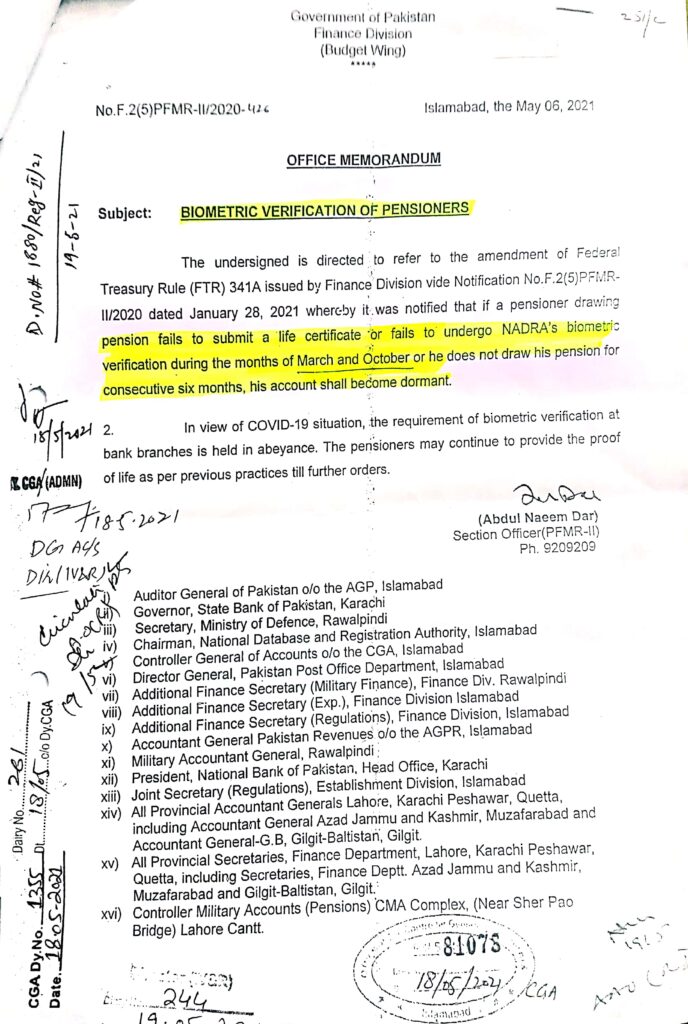 BIOMETRIC VERIFICATION OF PENSIONERS.DATED 06.05.2021.