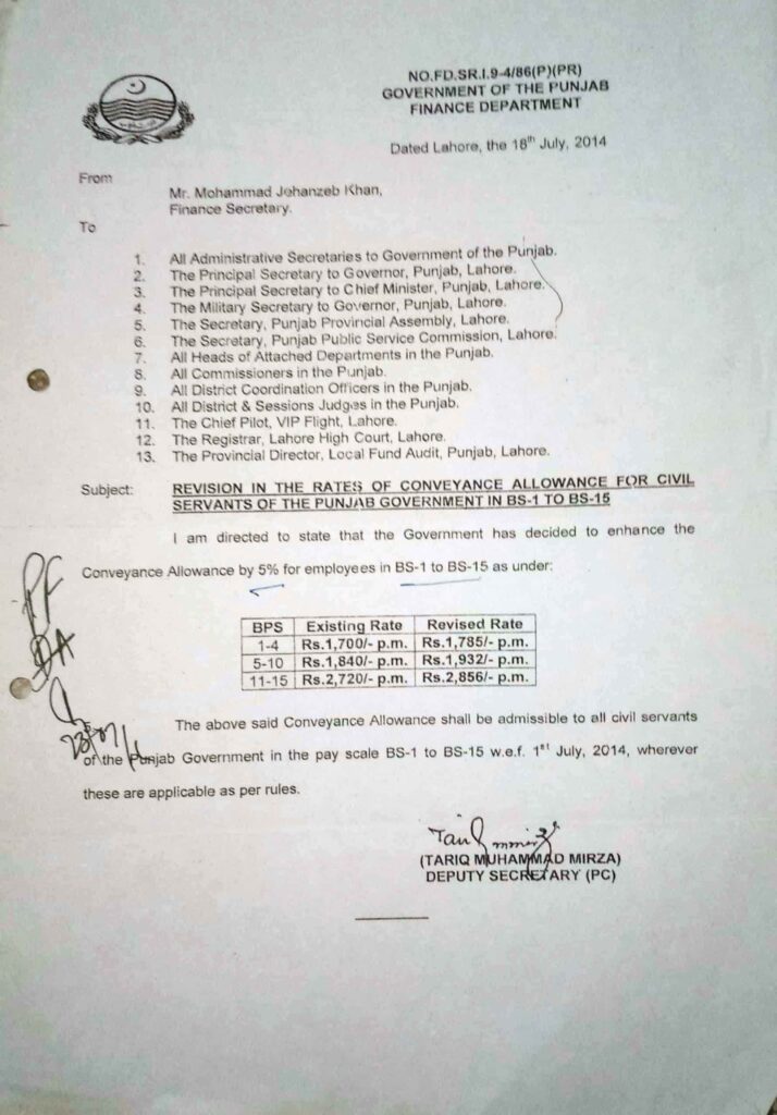REVISION IN THE RATES OF CONVEYANCE ALLOWANCE FOR CIVIL SERVANTS OF THE PUNJAB GOVERNMENT IN BS 1 TO BS 15.DATED 16.07.2016.