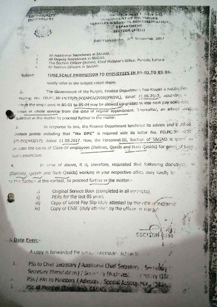 TIME SCALE PROMOTION TO EMPLOYEES IN BS 1 TO BS 4.DATED 11.11.2017.